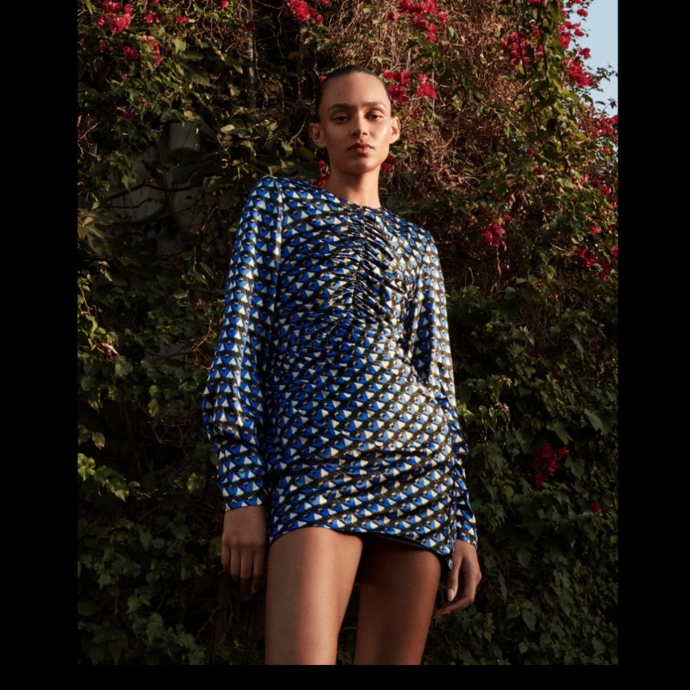 ZARA WOMEN GEOMETRIC PRINT MINI DRESS MEDIUM BLUE PLEATED OPEN BACK NWT